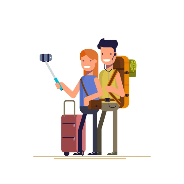 幸福的夫妇做自拍照度假时的照片。男人和女人在手机上的一段旅程使摄影。在白色背景上分离平面样式矢量图. — 图库矢量图片