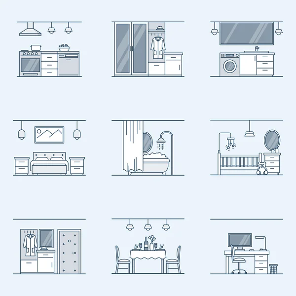 Innenarchitektur-Set. Lineare Symbole für die Innenarchitektur isoliert auf dunklem Hintergrund. Bad, Flur, Küche, Wohnzimmer, Kinderzimmer und andere Einrichtungen. Vektorillustration. — Stockvektor