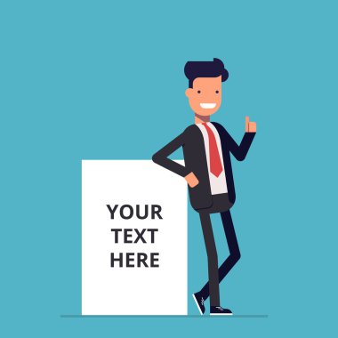 Gülümseyen iş adamı nereye sen-ebilmek yer metninizi net reklam posteri duruyor. Bir boş posteri veya başlığı yanındaki iş elbiseli bir adam. Mutlu adam. Bir çalışanın ofis.