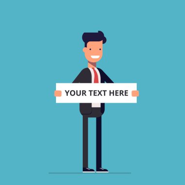 Nerede senin metni yerleştirebilirsiniz bir saf reklam afişleri ile ayakta gülümseyen iş adamı. Bir boş posteri veya başlığı ile iş elbiseli bir adam. Mutlu adam. Bir çalışanın ofis.