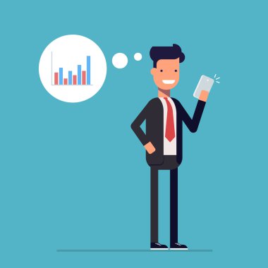 Elinde bir telefon ile iş adamı. İçerik Yöneticisi raporlarını Internet üzerinden bakar. gelir grafik. İş büyüme izleyen adamım. İletinin telefonda. İş takım elbiseli bir adam.