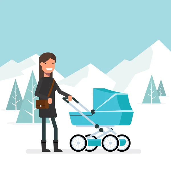 Femme en hiver pour une promenade avec le bébé dans le landau. Fille avec sac sur l'épaule sur le fond d'un paysage hivernal avec des arbres et des montagnes. Marchez sur la nature de l'enfant. Air frais — Image vectorielle