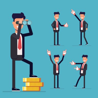 İşadamı küme. Para ve dürbün seyir üzerinde bir adam duruyor. İş elbisesi başparmak gösterilmesini oy insanlar veya yanına gelin. İzole mavi renkli çizgi film karakterleri