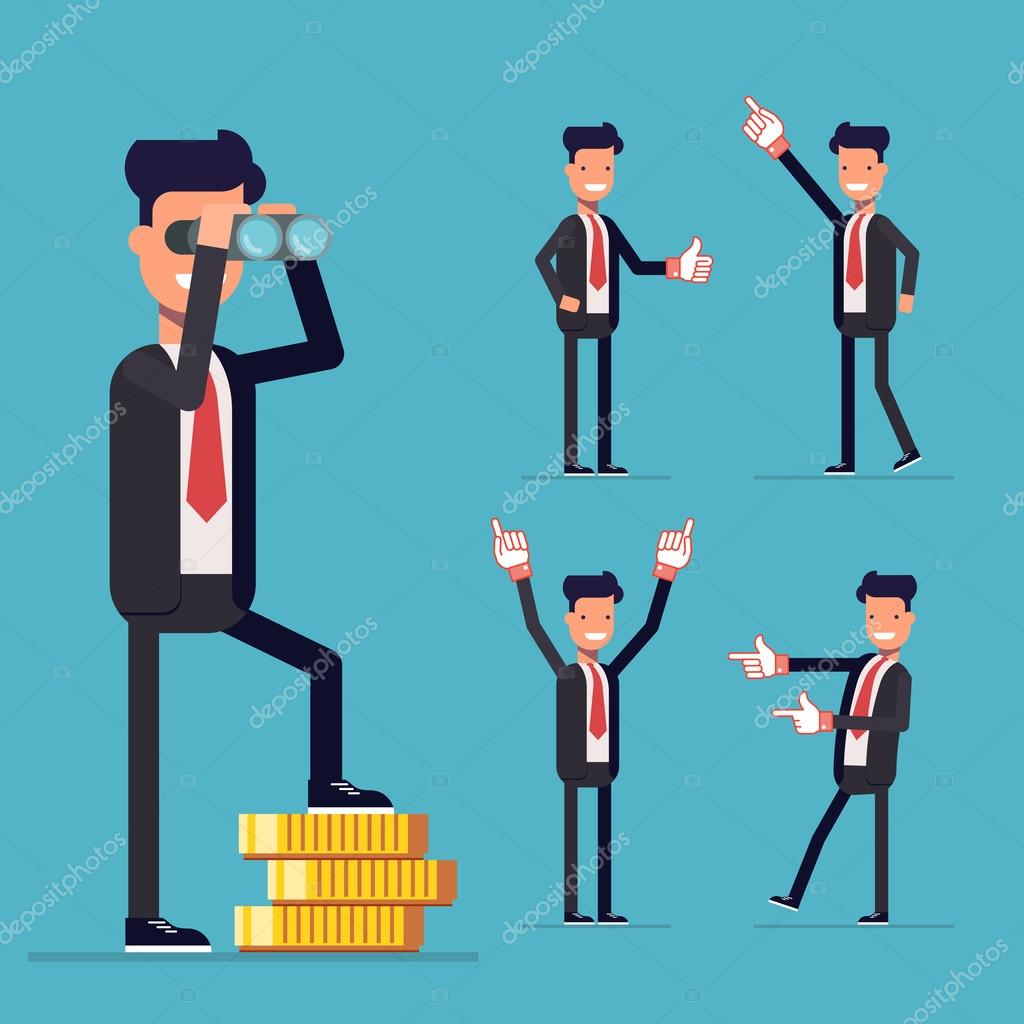 Businessman set. A man stands on money and looking through binoculars.  People voting in business suits showing thumbs up or point to the side. Cartoon  characters isolated blue background Stock Vector Image
