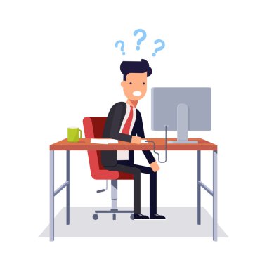 İşadamı neler olup bittiğini anlamak değil. Adam bir işletmede uygun sandalye masada oturan ve bilgisayar monitörü arıyorum. Beyaz arka plan düz stil vektör illüstrasyon izole.