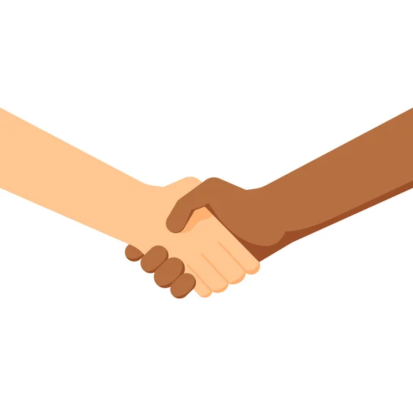 Dos personas dándose la mano. Blanco y negro. Celebración del contrato. Asociación entre diferentes nacionalidades. Firma amistad respeto . — Vector de stock