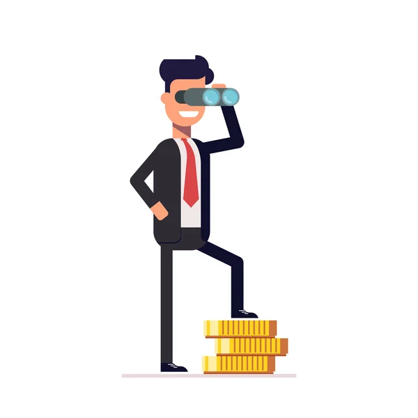 Hombre de negocios mirando a través de prismáticos, y está en el dinero. Hombre feliz en un traje de negocios pensando en inversiones. mira hacia el futuro. Ilustración vectorial en estilo plano . — Vector de stock