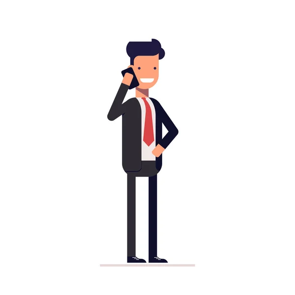 Podnikatel nebo manažer v obleku, stojí a mluví do telefonu. Vektorové ilustrace Eps10. — Stockový vektor