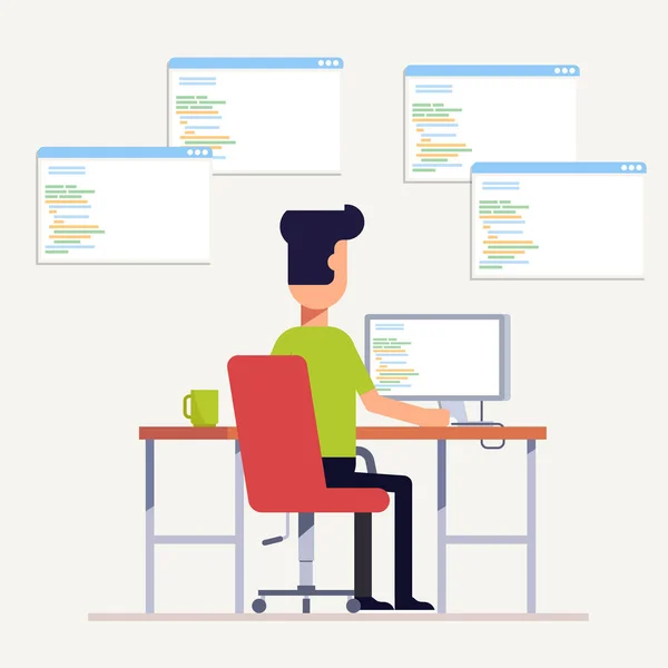 プログラマは、コンピューターのコードを書き込みます。Multi-specialist。職場で男。背面図。ベクトル、Eps10 の図. — ストックベクタ
