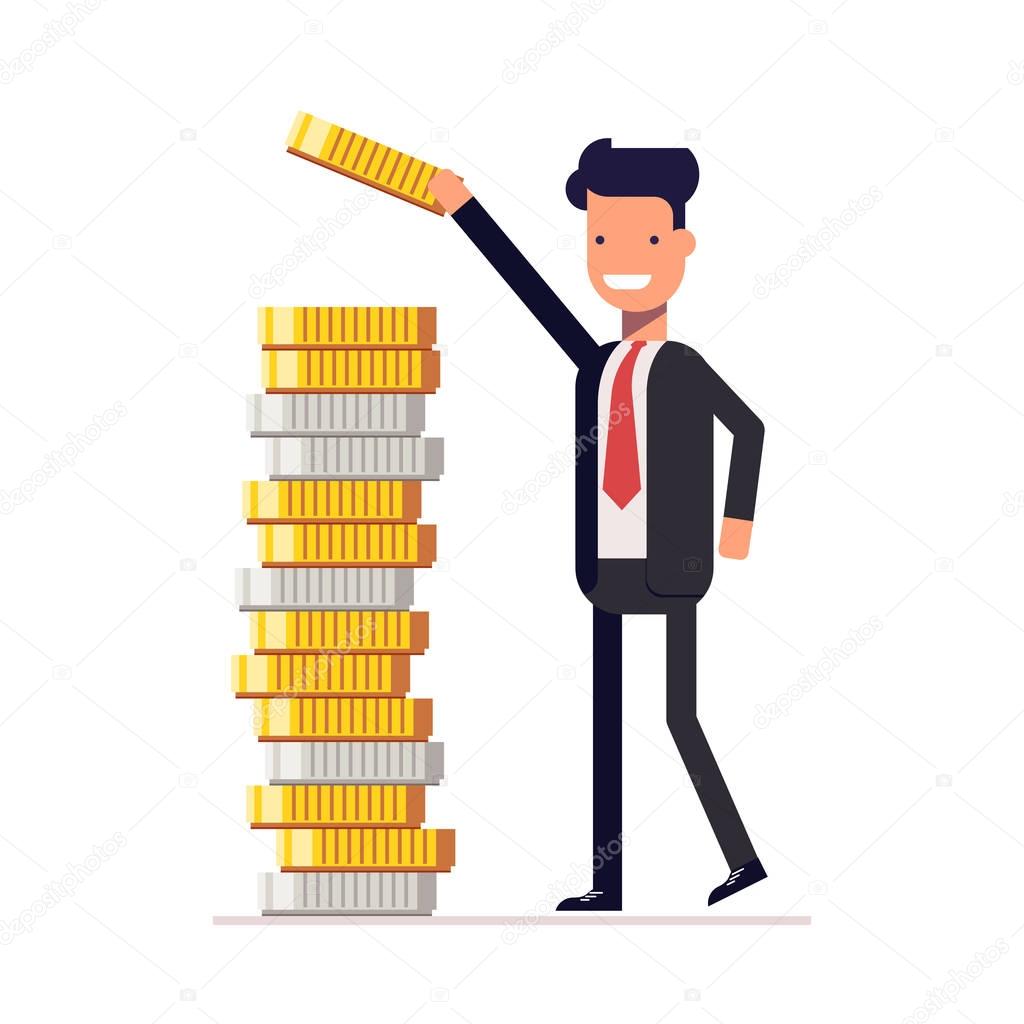 Businessman or manager puts money and coins in a pile. Calculation of financial return. Earned capital. Vector, illustration EPS10.