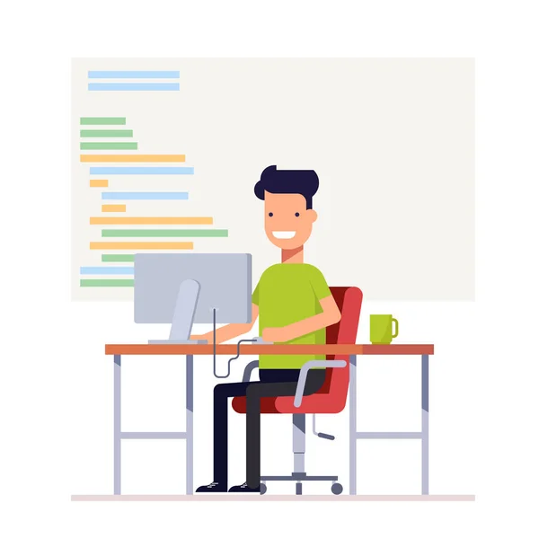 Un joven programador escribe código para una computadora. Un hombre sonriente sentado en el escritorio. Especialista en lugar de trabajo. Vector, ilustración EPS10 . — Vector de stock