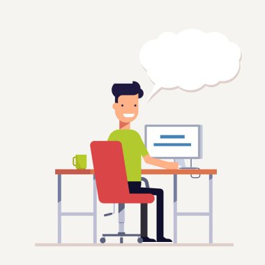 Çalışan bir bilgisayar ve bu adam bir şey söylüyor. Arkadan Görünüm. İş akışı ofis çalışanı. Genç uzman. Programcı kod yazar. Vektör, resimde Eps10.