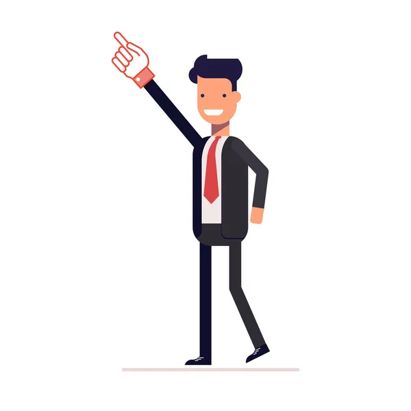 Framgångsrik affärsman eller manager visar upp pekfingret. Handsken på handen. En leende man i kostym. Vektor, illustration Eps10. — Stock vektor