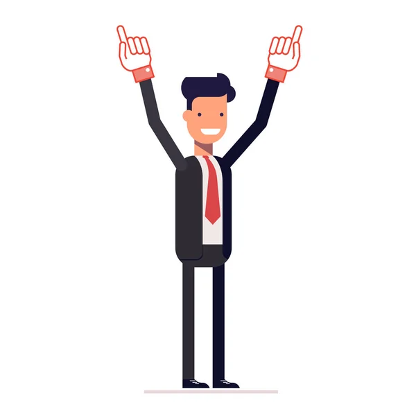 Hombre de negocios sonriente o gerente muestra dos manos arriba. Un hombre exitoso en un traje de negocios. Vector, ilustración EPS10 . — Vector de stock