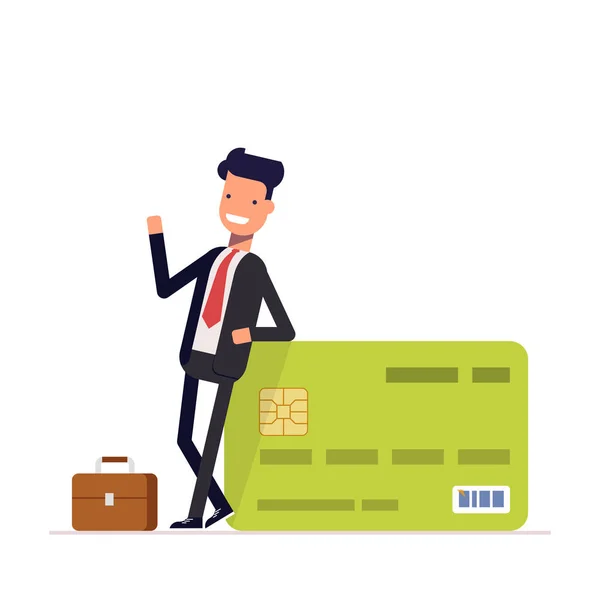 Empresário ou gerente de pé perto de um cartão de crédito grande salário. Conceito para o banco. Vetor, ilustração EPS10 . —  Vetores de Stock