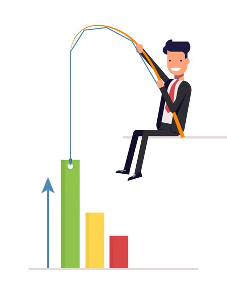 Geschäftsmann oder Manager, die eine Grafik ziehen, um den Wachstumstrend nach oben zu ziehen. Mann im Business-Anzug mit Angelrute. Vektor, Abbildung eps10. — Stockvektor