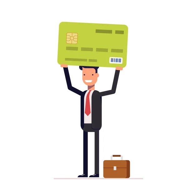 Бізнесмен або менеджер банку тримає кредитну картку в руці. Усміхнений чоловік у діловому костюмі з портфелем. Вектор, ілюстрація EPS10 — стоковий вектор