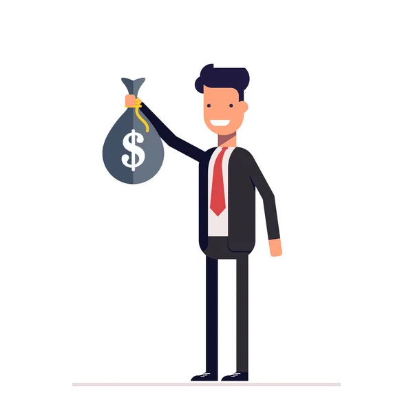 Affärsman eller manager stående med en påse med pengar i handen. Lycklig man i kostym. Vektor, illustration Eps10. — Stock vektor