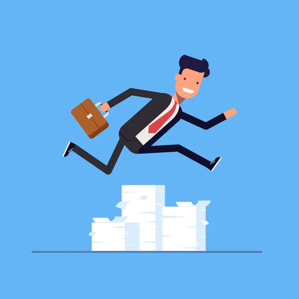Empresario o gerente saltando sobre obstáculos. Gran pila de documentos. Un hombre corriendo al trabajo. Vector, ilustración EPS10 . — Vector de stock