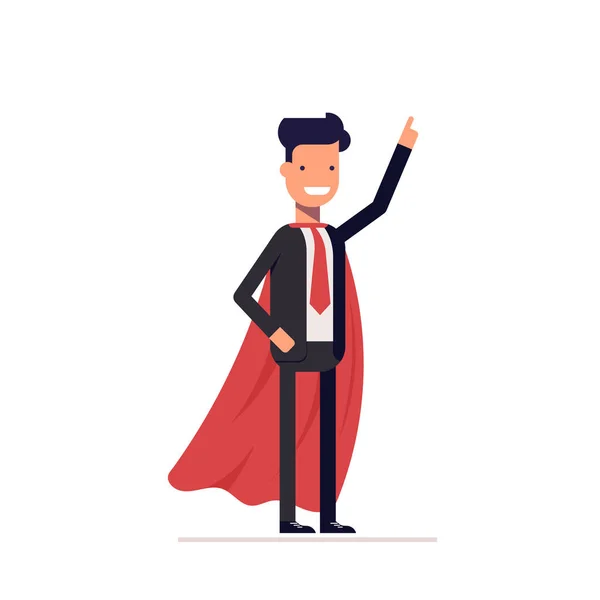 Businessman or manager in the heroic mantle. Super man in a business suit with his hand raised. Vector, illustration EPS10. — Stock Vector