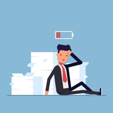 Yorgun işadamı veya Yöneticisi oturma yakınındaki belgeleri yığını. Son tarih. Çalışmak için enerji yok. Ordudan terhis edilen pil. Vektör, resimde Eps10.