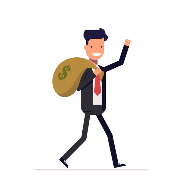 Üzletember vagy kezelő jön-val egy zsák pénzt. Boldog ember az üzleti öltöny kapott fizetés, nyeremények. Vektor, ábra Eps10. — Stock Vector