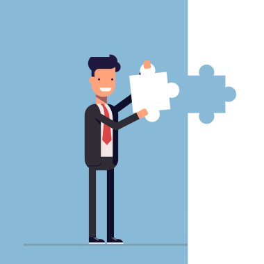 Bulmacanın son parçası işadamı veya Yöneticisi koyar. Kapatma. Çözüm. Mutlu adam iş takım elbiseli. Vektör, resimde Eps10.