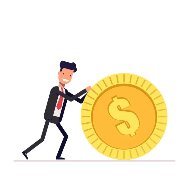 Businessman or manager pushes a gold coin. Man in business suit got the reward. Vector, illustration EPS10. — Stock Vector