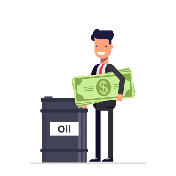 Empresario con gerente de dinero o está cerca de los barriles de petróleo. Oro Negro. Ganancias de los recursos naturales. Vector, ilustración EPS10 . — Vector de stock