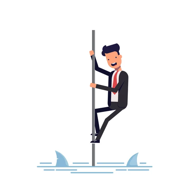 Businessman or manager saved from sharks climbing the pole. Man afraid of predatory fish. Vector, illustration EPS10. — Stock Vector