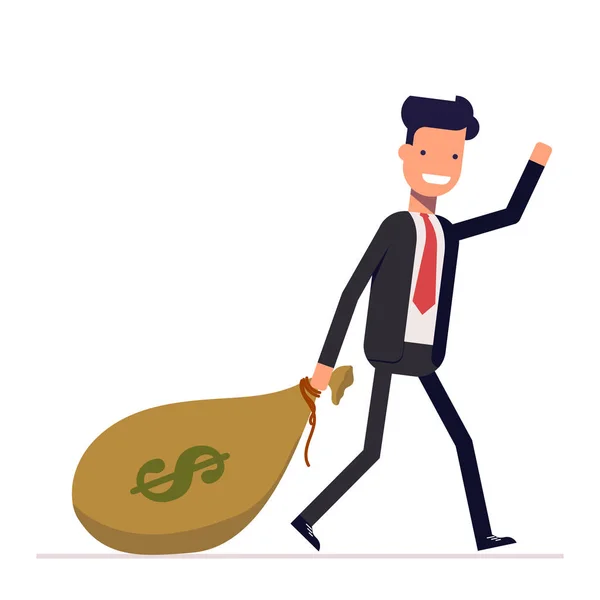 Businessman or manager comes with a bag of money dollars. Happy rich man in business suit waving. Vector, illustration EPS10. — Stock Vector