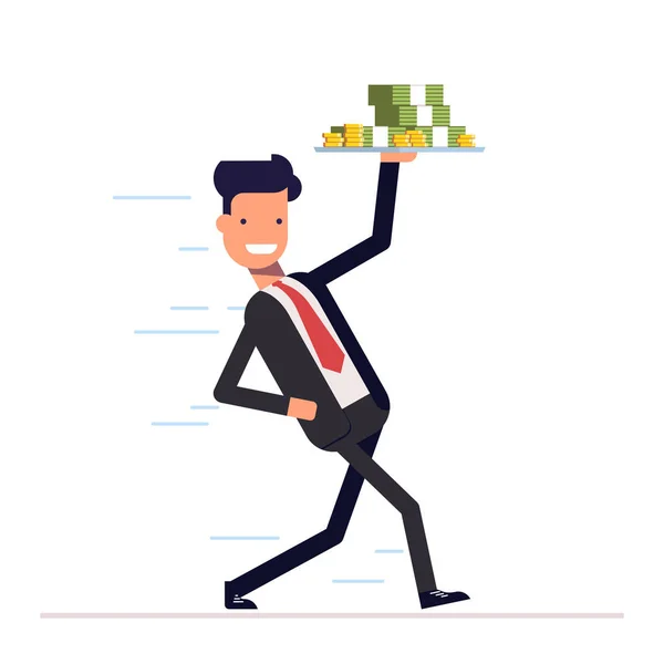 Businessman or manager promptly comes with a tray and money in hand. Joyful young man running in business suit. Vector, illustration EPS10. — Stock Vector