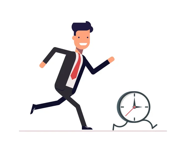 Un homme d'affaires ou un manager dirige l'horloge. L'homme ne suit pas le rythme des temps. J'essaie de rattraper les occasions manquées. Vecteur, illustration EPS10 . — Image vectorielle