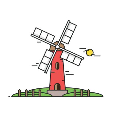 Rüzgarlı değirmen bir arka planda yeşil alanlar ve çayırlar. Bina çiftçi. Güneşli bir gün. Düz doğrusal tarzı resimde. Vektör, Eps10.