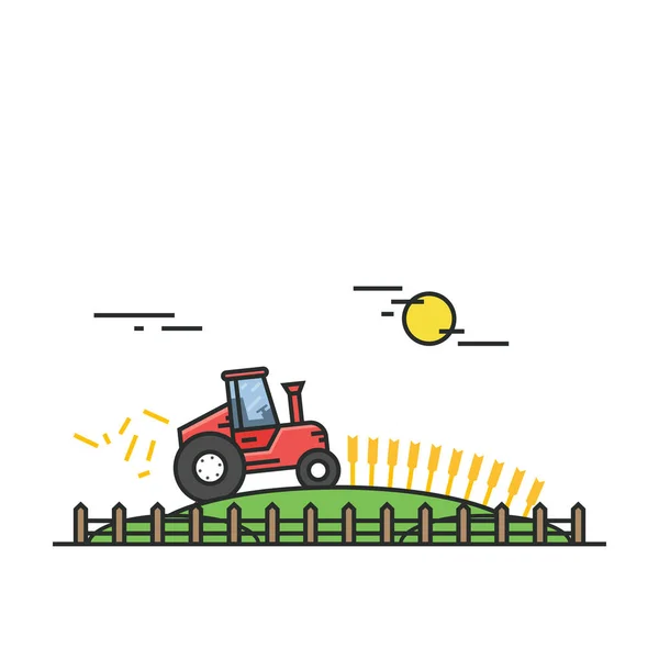 Colheita de trigo no campo com a ajuda de máquinas pesadas ou equipamentos agrícolas. Trator vermelho em um estilo linear plano. Vector, EPS10 . — Vetor de Stock