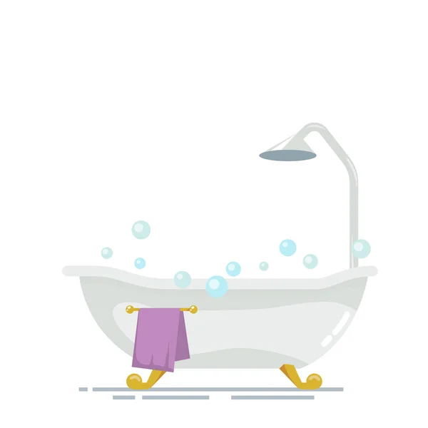 Badezimmer mit Dusche isoliert auf weißem Hintergrund. Seifenblasen oder Schaum. lila goldenes Handtuch ein Kleiderbügel. Vektor, Abbildung eps10. — Stockvektor