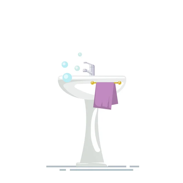 Waschbecken mit Mischbatterie und Handtuch im Badezimmer, isoliert auf weißem Hintergrund. Seifenblasen oder Schaum. Vektor, Abbildung eps10. — Stockvektor