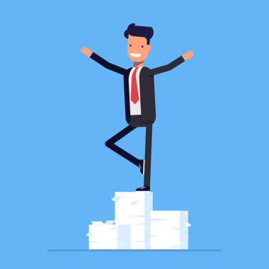 İşadamı veya Yöneticisi hüner belgeleri büyük bir yığın üzerinde gerçekleştirir. Vektör, resimde Eps10.