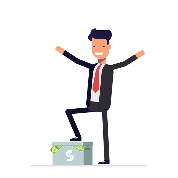 Glad affärsman eller manager står på en kartong med pengar. Vektor, illustration Eps10. — Stock vektor