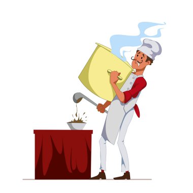 Kepçe kullanarak bir tabak çorba döktü pan ile pişirin. Restoranda Şef. Servis personeli. Vektör, izole illüstrasyon Eps10.
