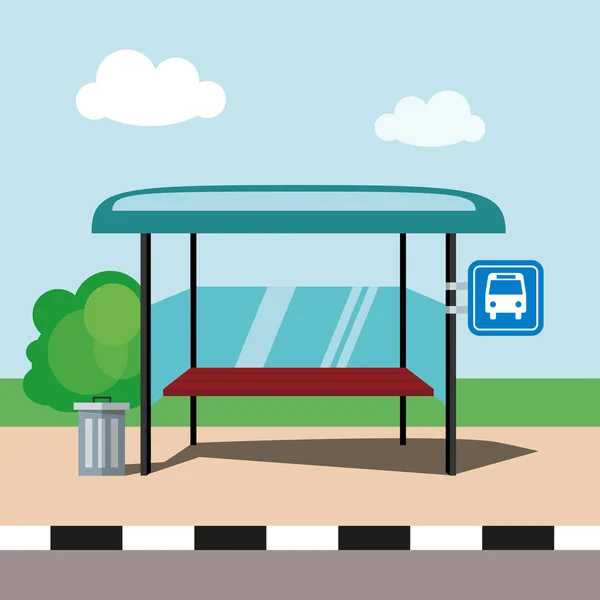 Vlakke afbeelding bushalte op de blauwe hemelachtergrond in cartoon stijl. Vector, Eps10. — Stockvector