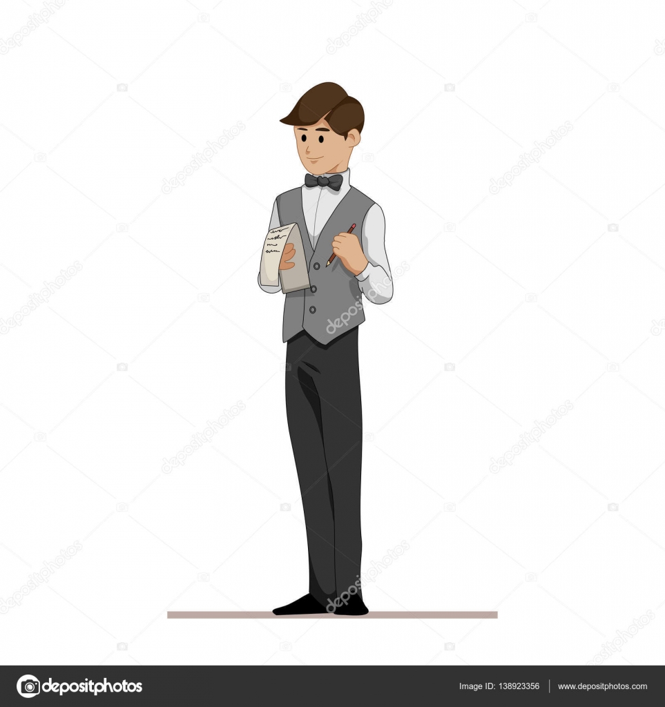 The waiter takes the order or shows a menu. The staff in the cafe and  restaurant. Cartoon Character isolated on a white background. Vector,  illustration EPS10. Stock Vector Image by ©ShendArt #138923356