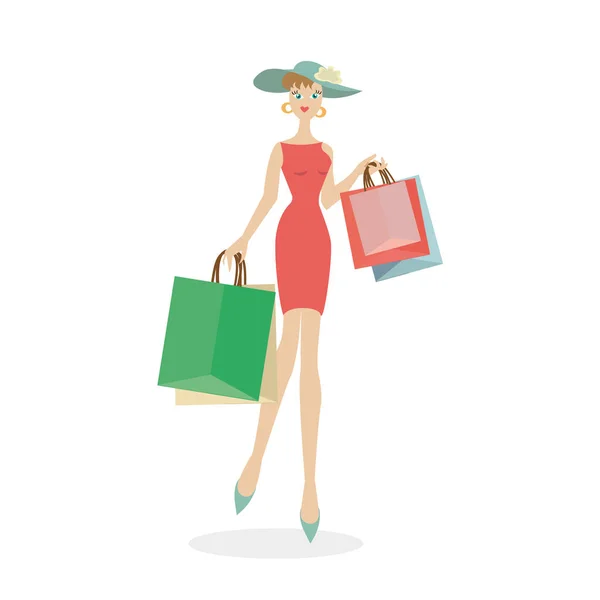 Girl in a hat with bags in hands after shopping. Cartoon female character isolated on a white background. Vector, illustration EPS10. — Stock Vector