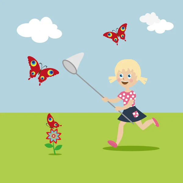 Niña con una red de mariposas en la mano corre sobre un claro y atrapar mariposas. Personaje de dibujos animados en un estilo plano. Vector, ilustración EPS10 . — Archivo Imágenes Vectoriales