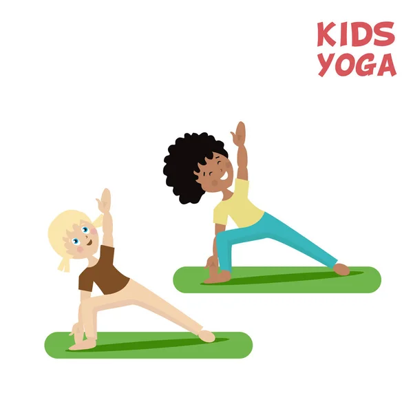 Mädchen und Jungen machen ein Kinder-Yoga. Sport oder Bewegung. Cartoon flachen Charakter isoliert weißen Hintergrund. Vektor, Abbildung eps10. — Stockvektor