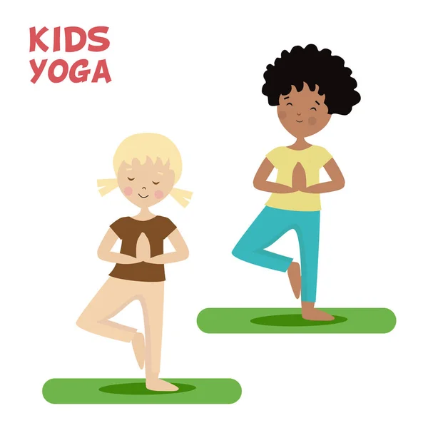 Meisje en jongen zijn verwikkeld in een yoga voor kinderen. Sport of oefening. Cartoon plat karakter geïsoleerd witte achtergrond. Vector, afbeelding Eps10. — Stockvector