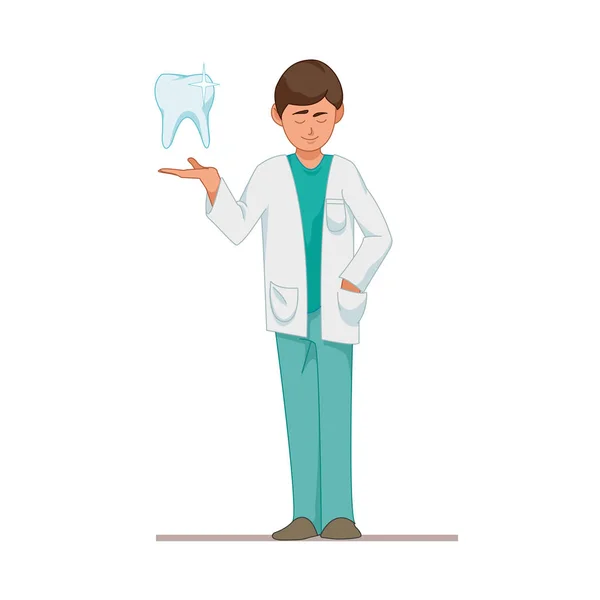 Dentist a doctor in a blue suit, a tooth. Vector illustration in cartoon style isolated on white background. EPS10. — Stock Vector