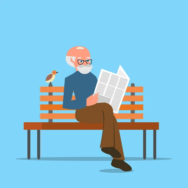 Grandfather sitting on a bench reading a newspaper or news. Cartoon character isolated on white background. Vector, illustration EPS10. — Stock Vector