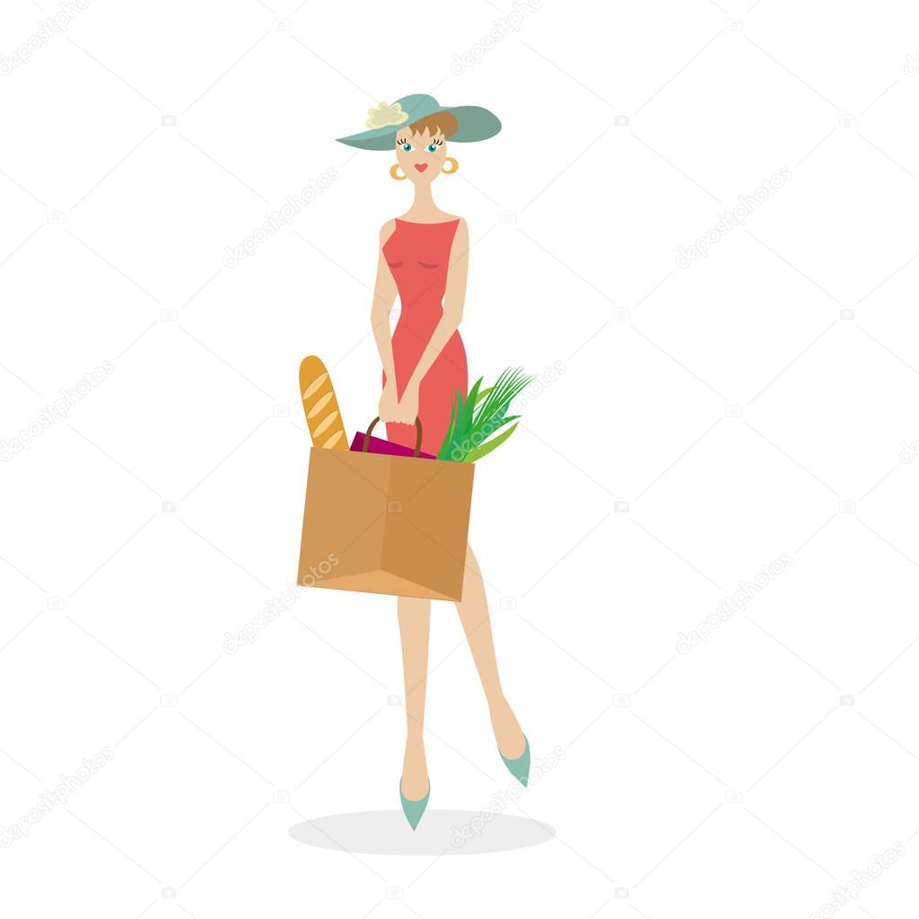 Woman in hat with bag after shopping at the grocery store. Package with products. Cartoon female character isolated on white background. Vector, illustration EPS10.