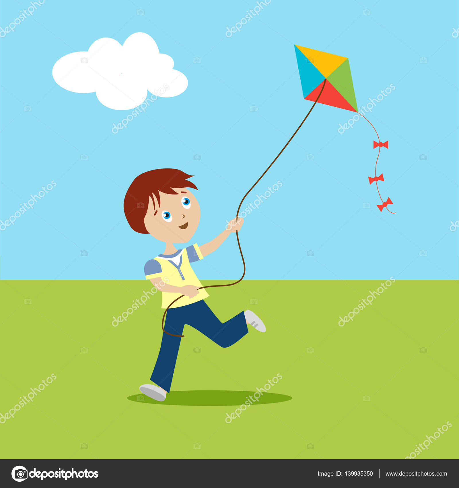 Boy playing on a green lawn. Child running with a kite. Cartoon character  in flat style. Vector, illustration EPS10. Stock Vector Image by ©ShendArt  #139935350